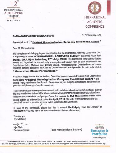 Fastest Growing Indian Company Award Certificate of best detective in kolkata -Aryaman Detective Services