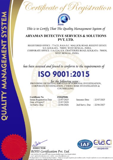 ARYAMAN DETECTIVE SERVICES & SOLUTIONS ISO Certificate