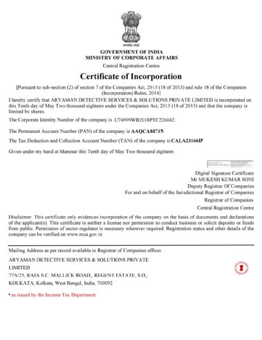CERTIFICATE OF INCORPORATION - best detective in kolkata -Aryaman Detective Services