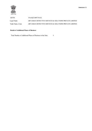 GST Document 1 Certificate of best detective in kolkata -Aryaman Detective Services