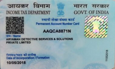PAN Card of best detective in kolkata -Aryaman Detective Services